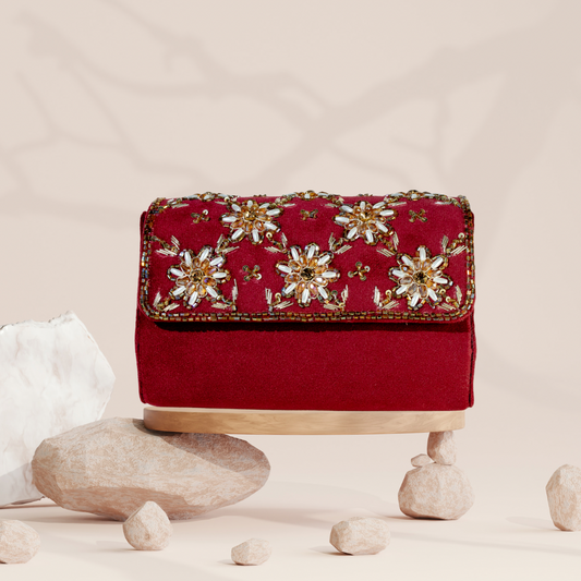 Crystal Blossom Cherry Velvet FlapOver Clutch Bag