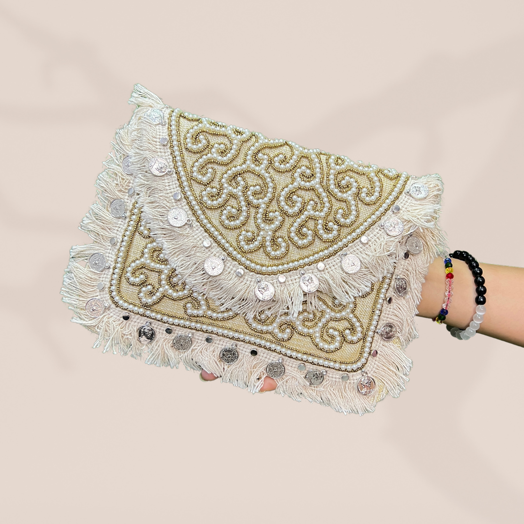 Banjara Pearl Cream Envelope Clutch