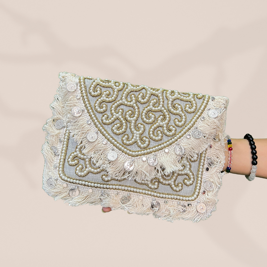 Banjara Pearl Light Grey Envelope Clutch