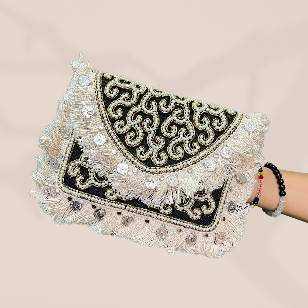 Banjara Pearl Black Envelope Clutch