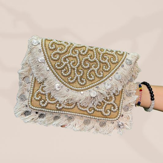 Banjara Pearl Khakhi Envelope Clutch