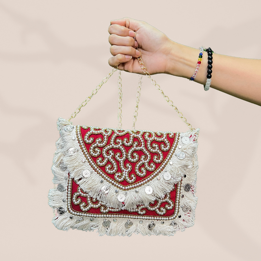 Banjara Pearl Red Envelope Clutch