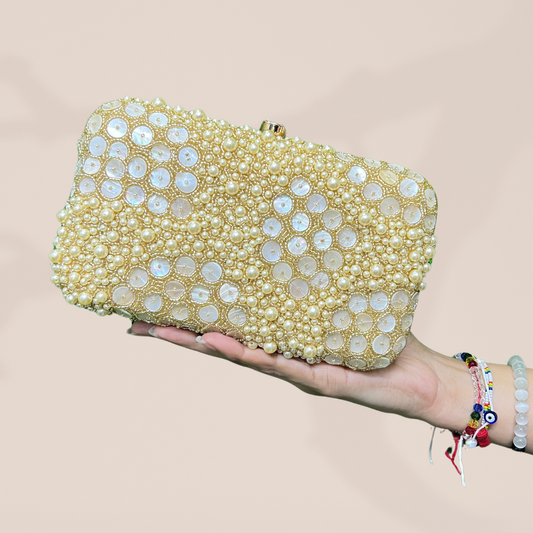 Honey Comb Pearl Gold Box Clutch