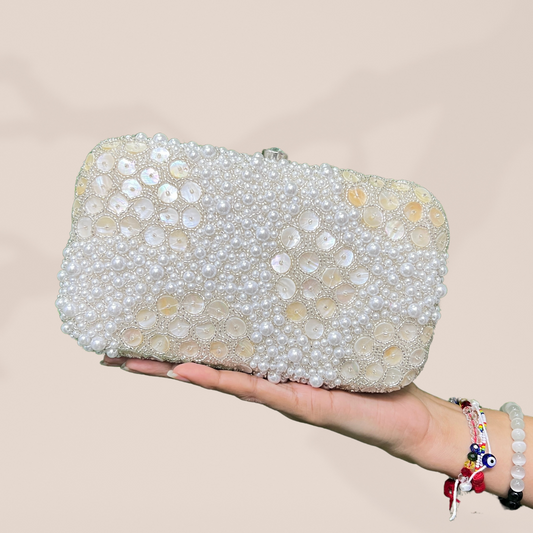 Honey Comb Pearl Silver Box Clutch