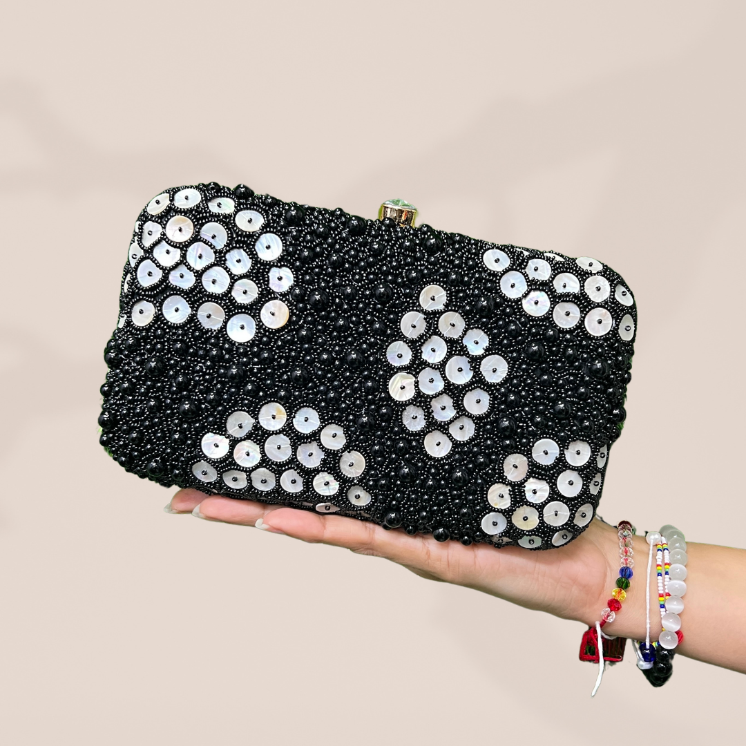 Honey Comb Pearl Black Box Clutch