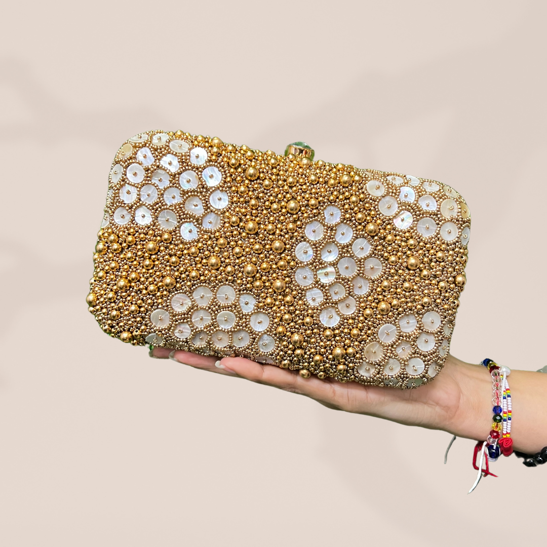 Honey Comb Pearl Antique Gold Box Clutch