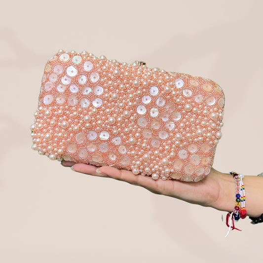 Honey Comb Pearl Rose Gold Box Clutch