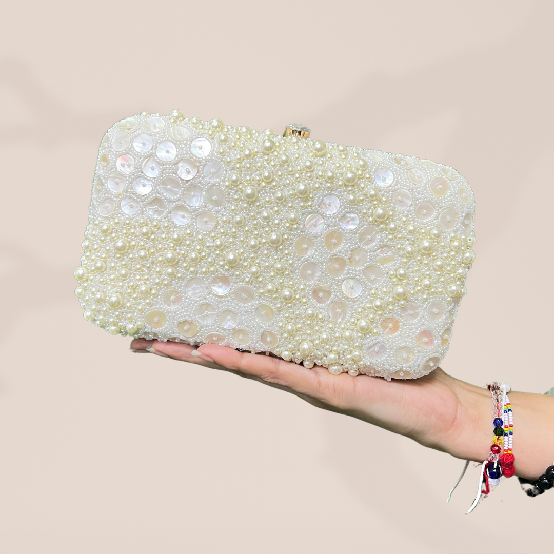 Honey Comb Pearl Ivory Box Clutch