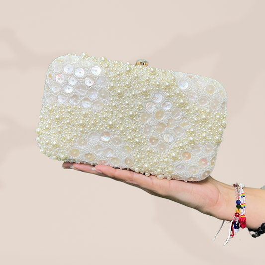 Honey Comb Pearl Ivory Box Clutch