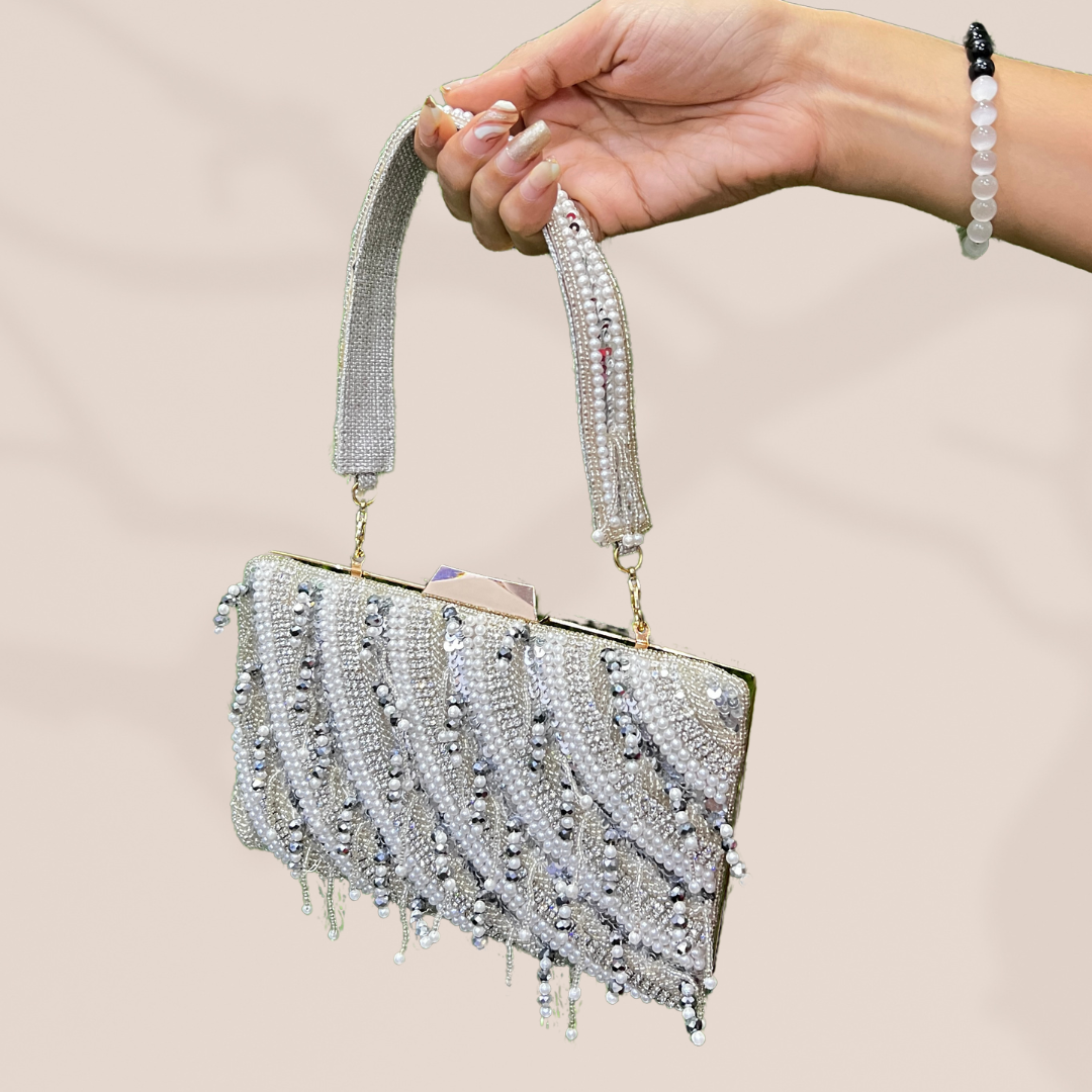 Stardust Pearl Silver Box Clutch