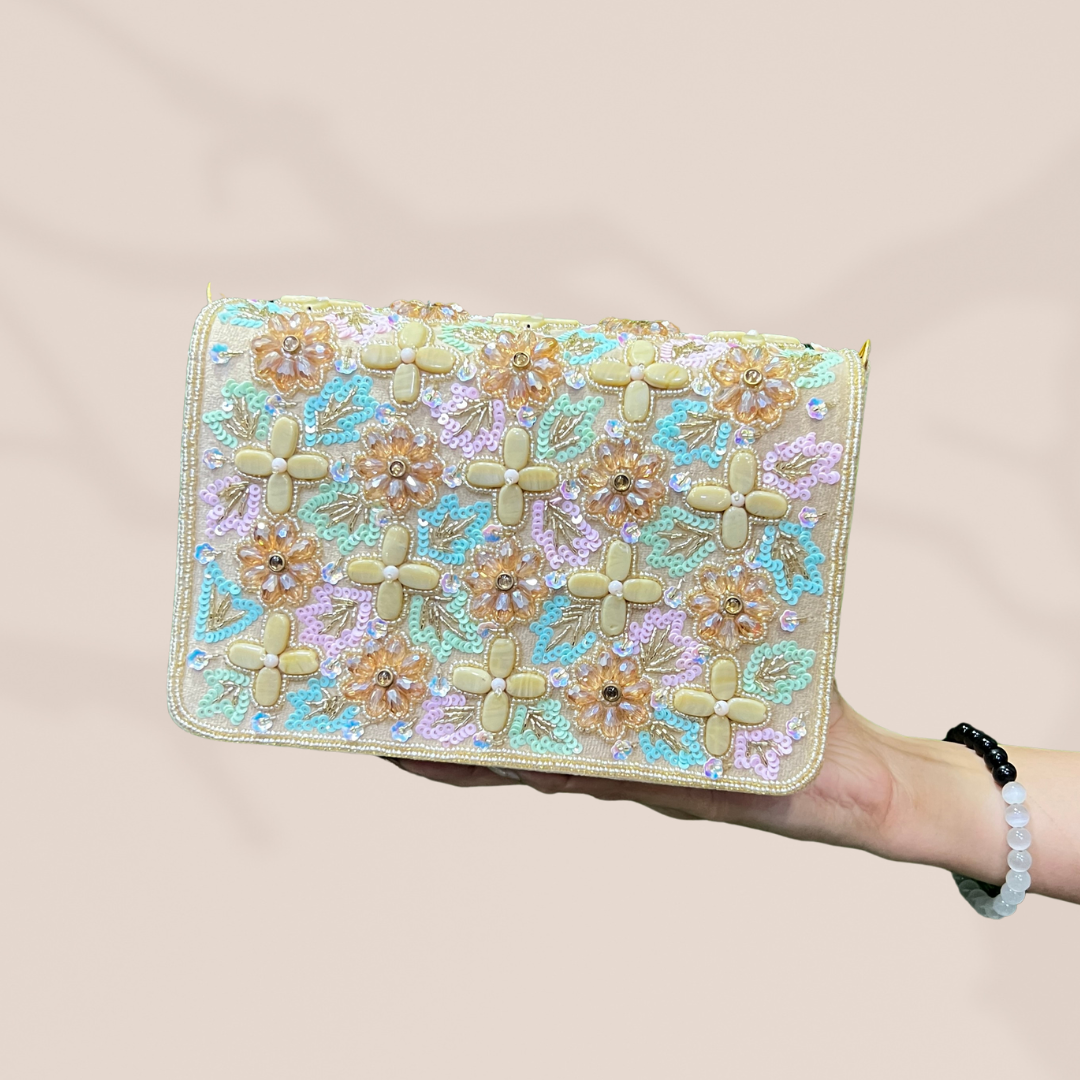 Whimsical Bloom Gold FlapOver Clutch Bag