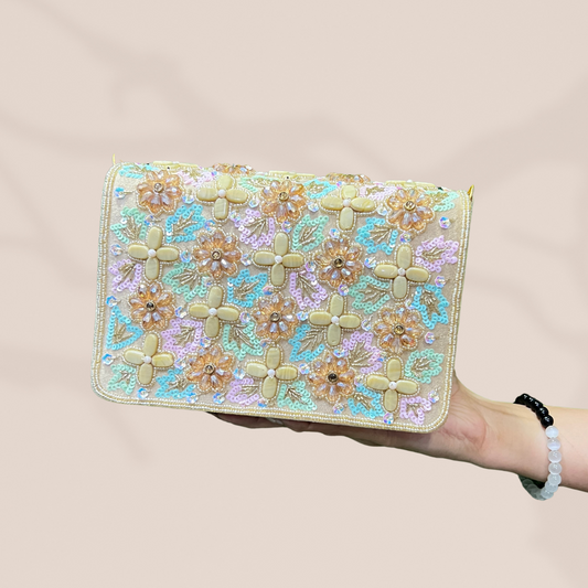 Whimsical Bloom Gold FlapOver Clutch Bag