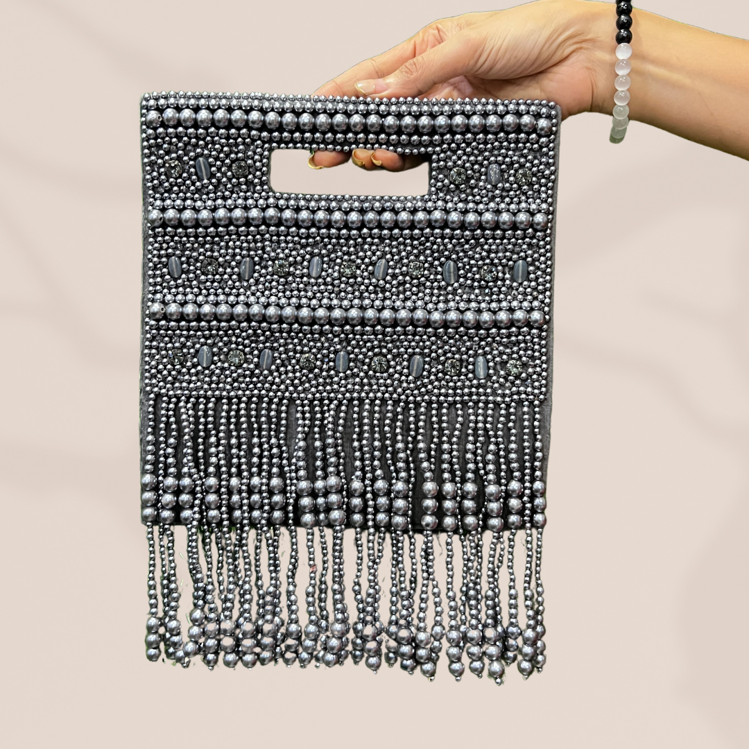 Pearl Enchantment Metallic Grey Tassel Bag