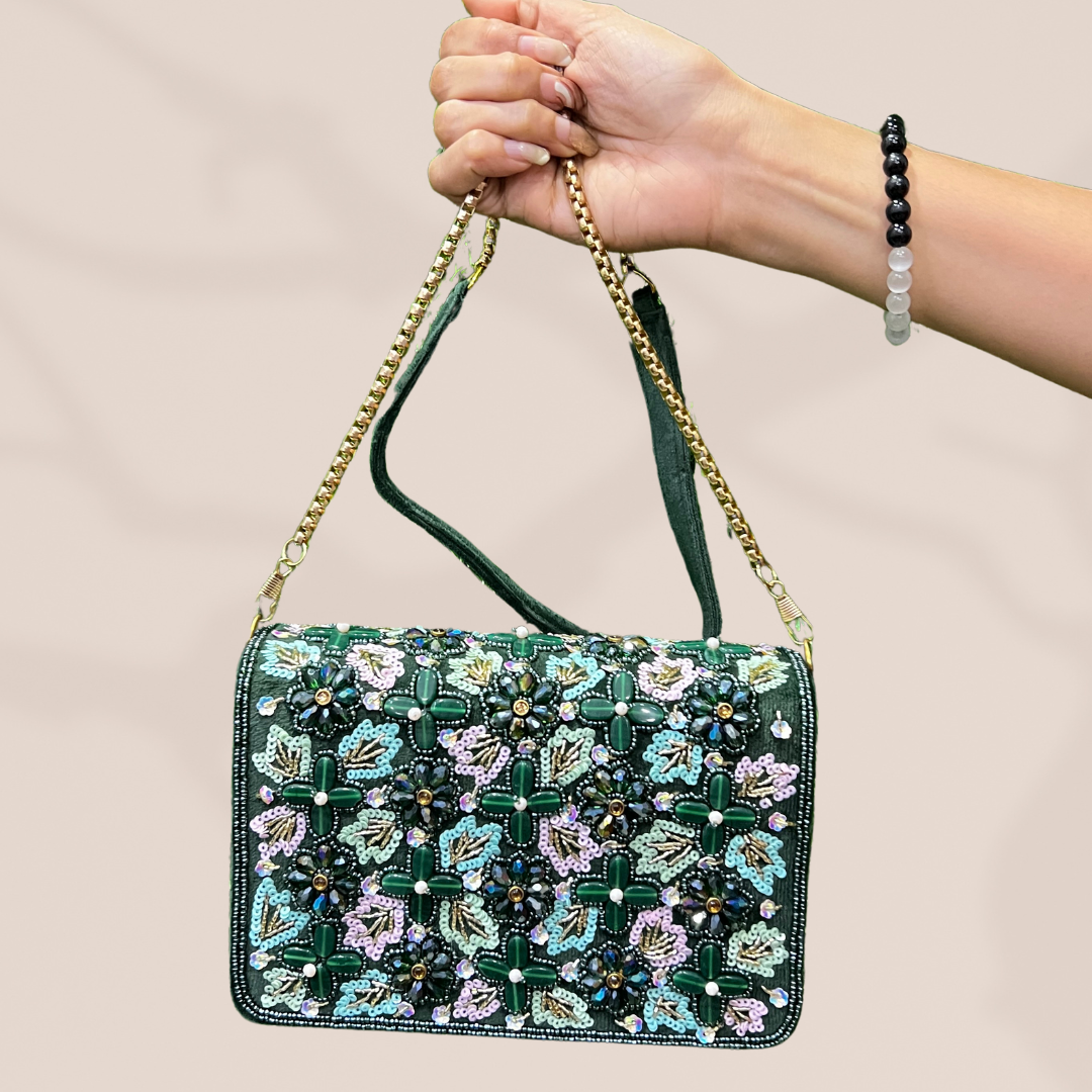 Whimsical Bloom Bottle Green FlapOver Clutch Bag