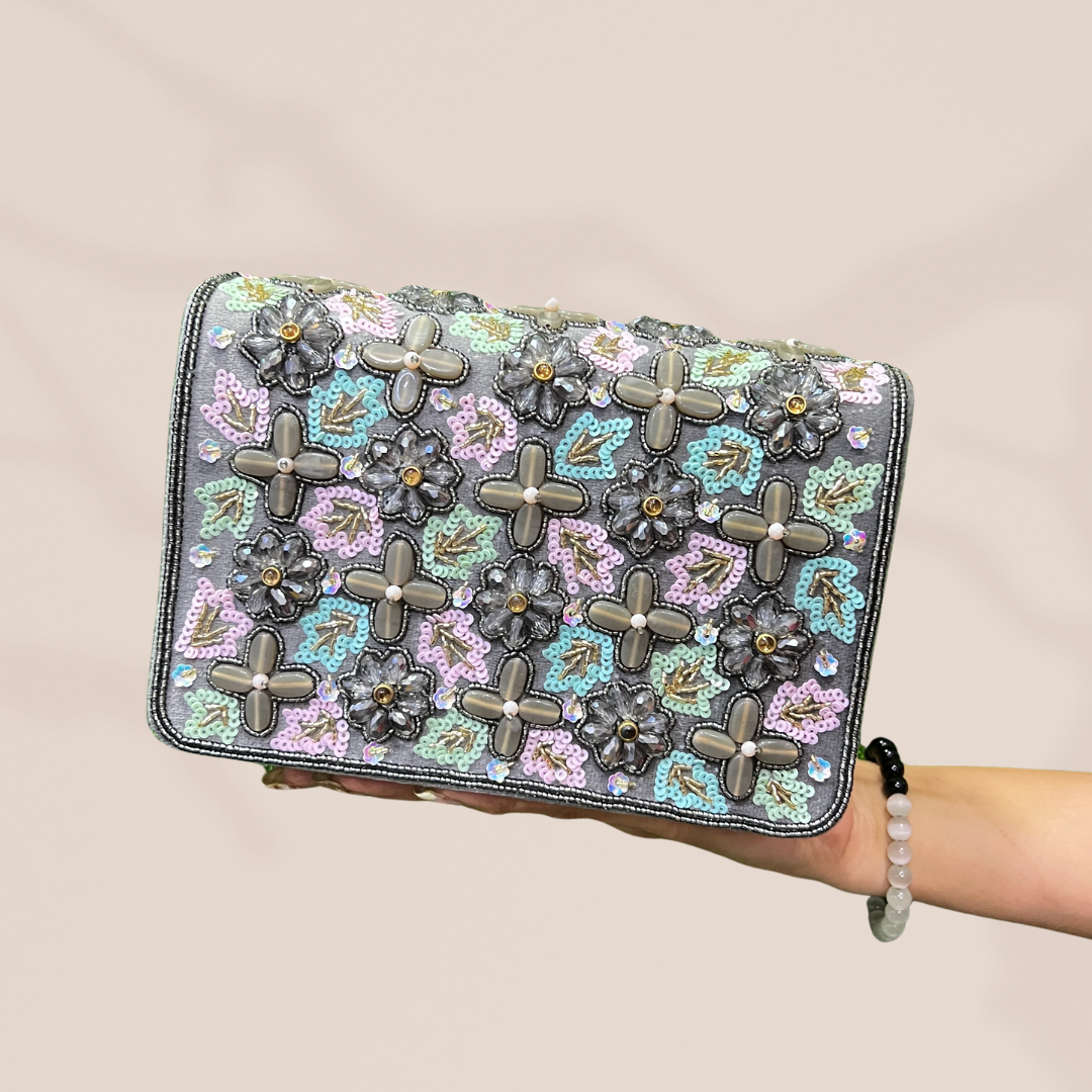 Whimsical Bloom Grey FlapOver Clutch Bag