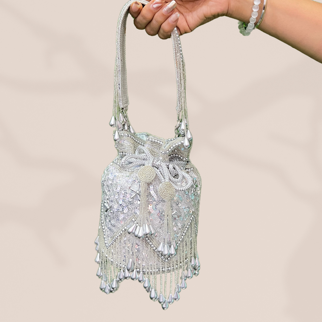 Delicate Sequin Silver Pearl Potli