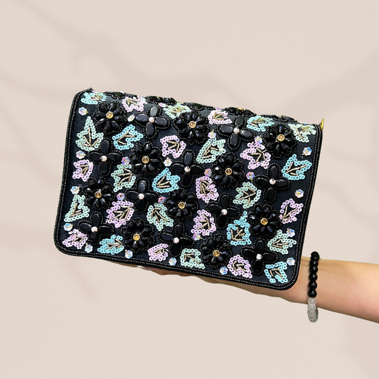 Whimsical Bloom Black FlapOver Clutch Bag